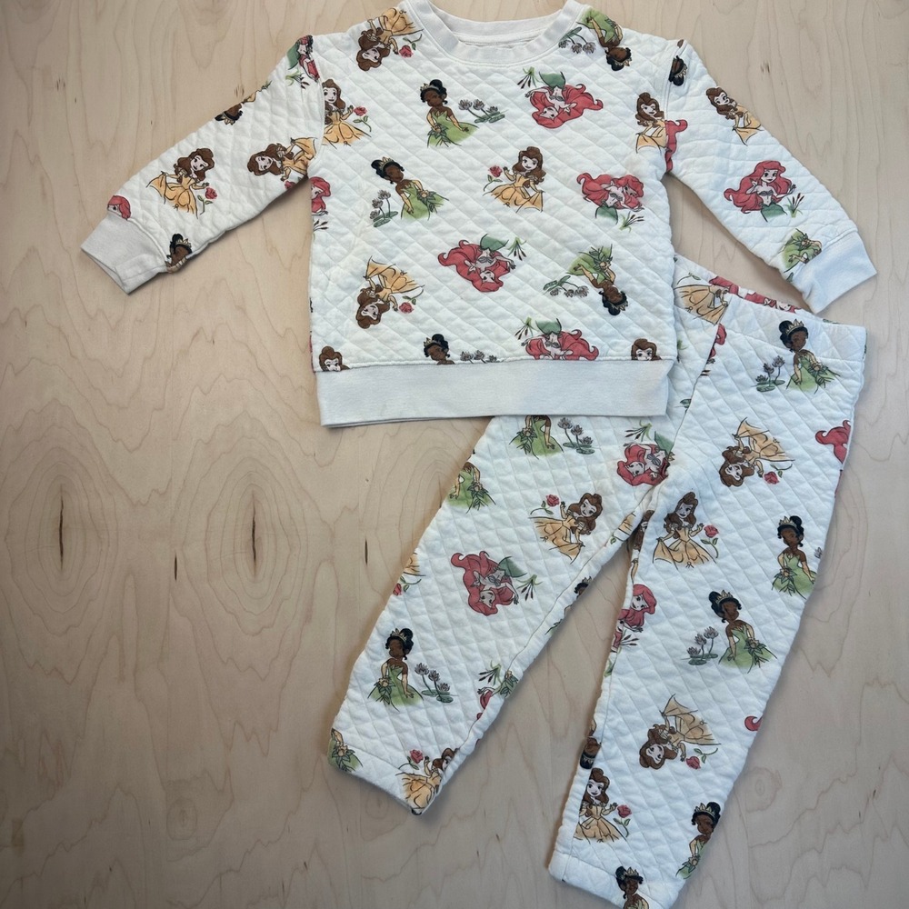 Disney Princess Quilted Sweatshirt Pants Set Toddler Tiana Ariel Belle Size 5T